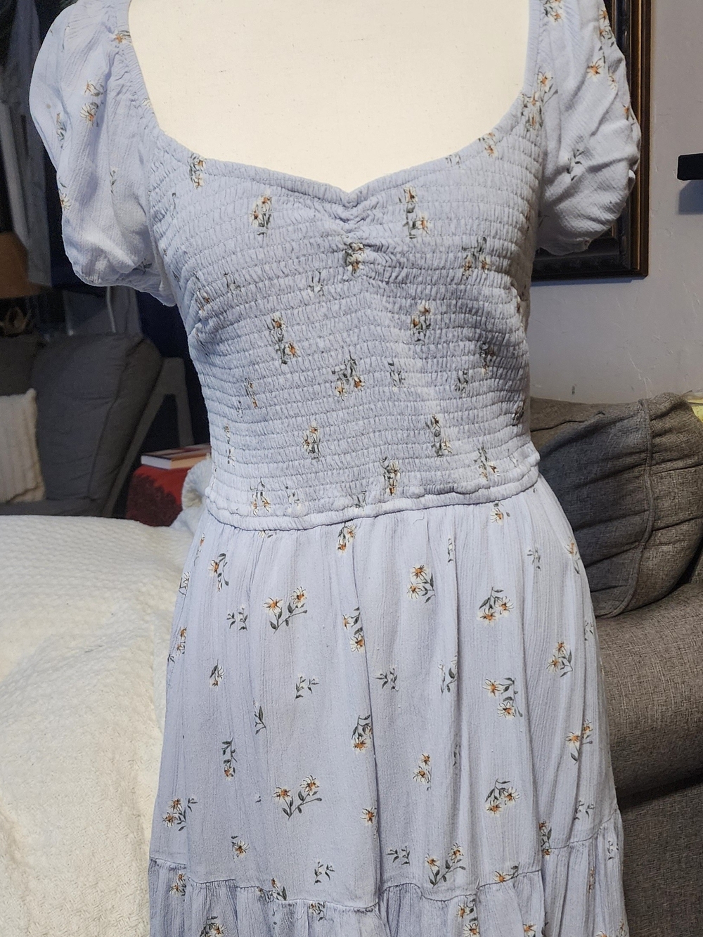 Hollister Light Blue Floral Smocked Midi Dress with Puff Sleeves Sz Medium